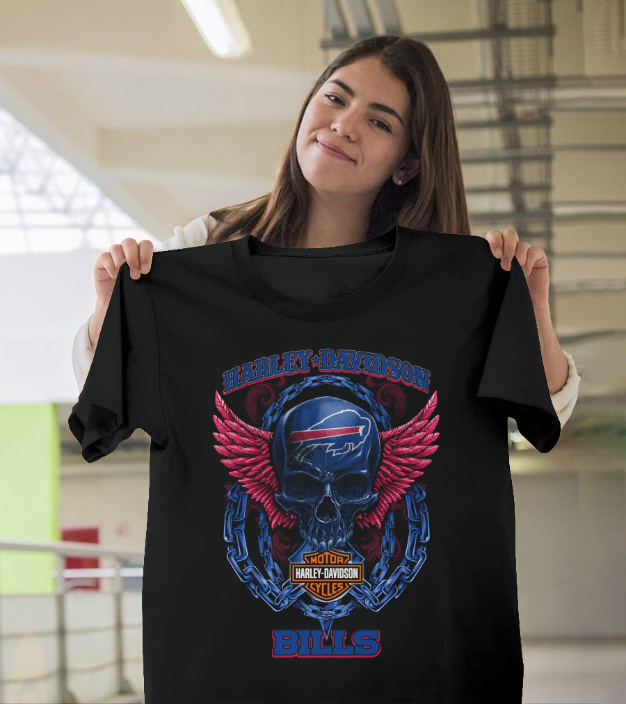 Harley Davidson Buffalo Bills Motor Cycles Skull Wings T-Shirt