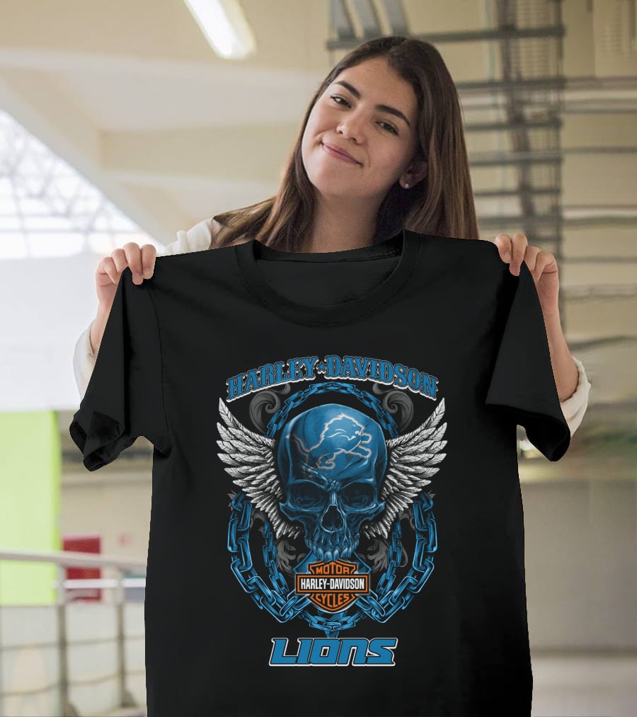 Harley Davidson Motor Cycles Detroit Lions Skull And Wings T-Shirt