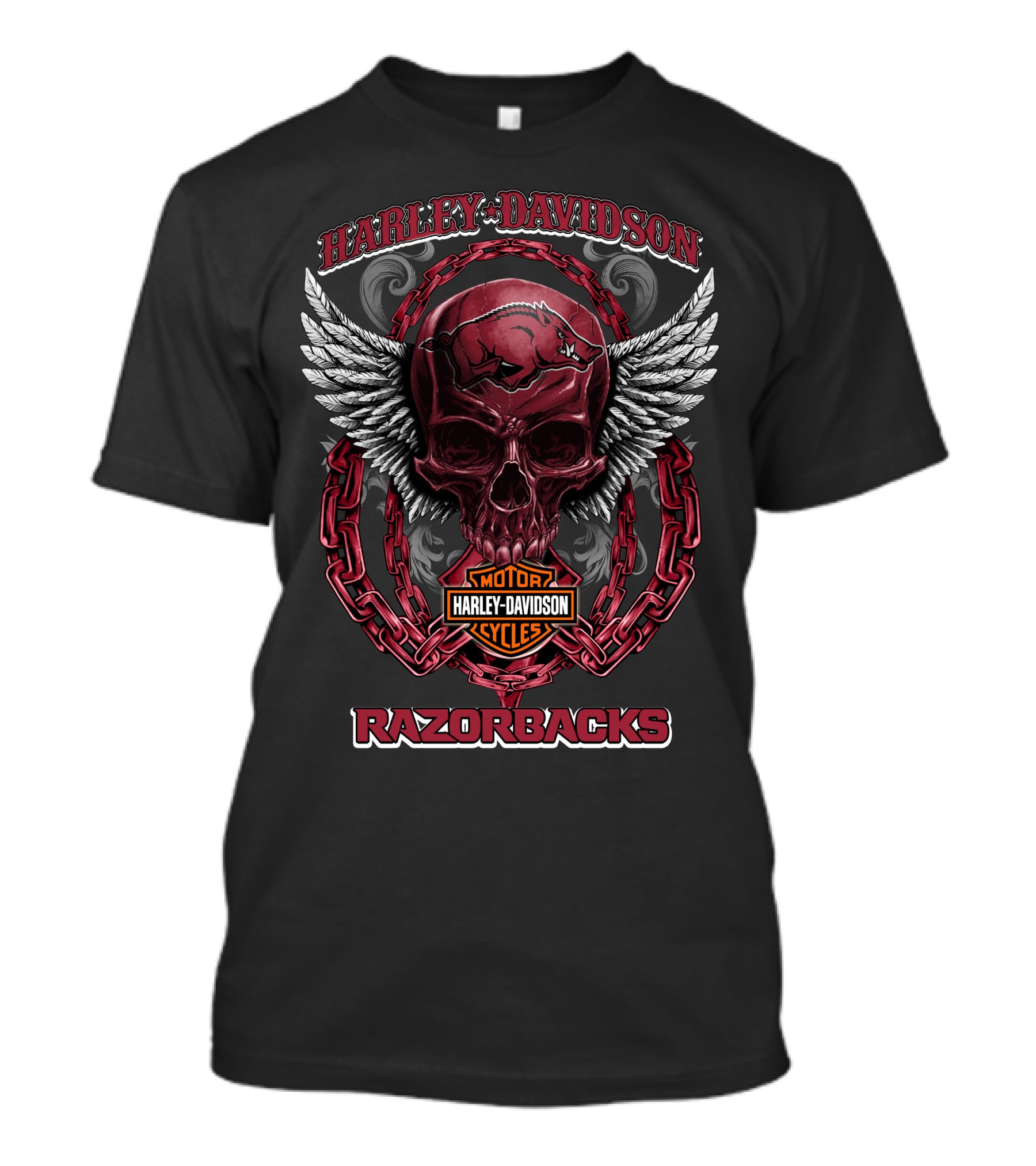 Harley Davidson Motor Cycles Razorbacks Skull Winged Chain T-Shirt
