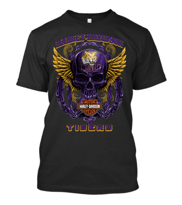 Harley Davidson Lsu Tigers Skull Logo With Wings And Chains T-Shirt