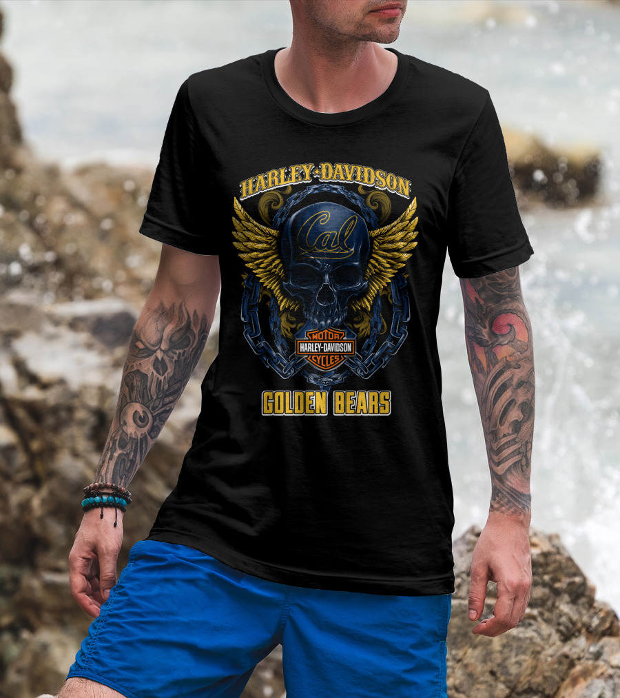Harley Davidson Cal Golden Bears Skull With Wings And Chains T-Shirt