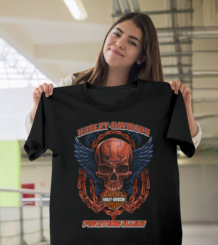 Harley Davidson Motorcycles Illinois Fighting Illini Skull With Wings T-Shirt