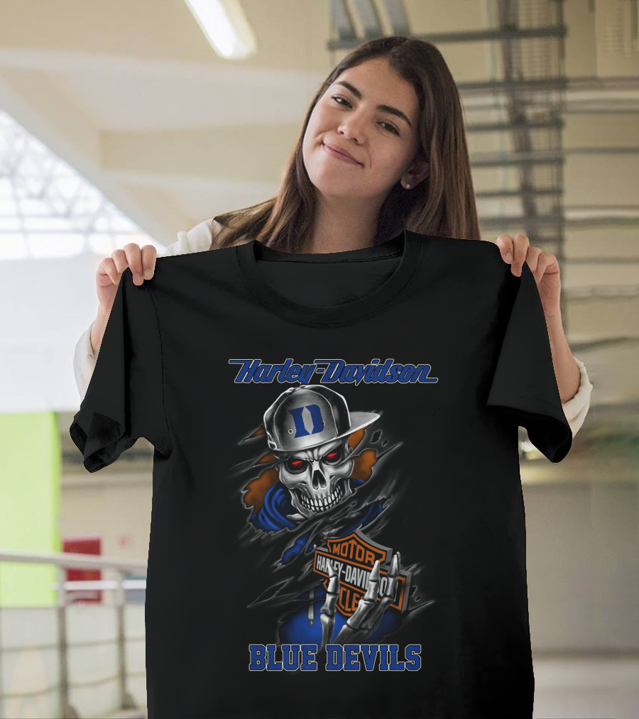 Harley Davidson Blue Devils Skull With Duke Logo And Motorcycle Motif T-Shirt