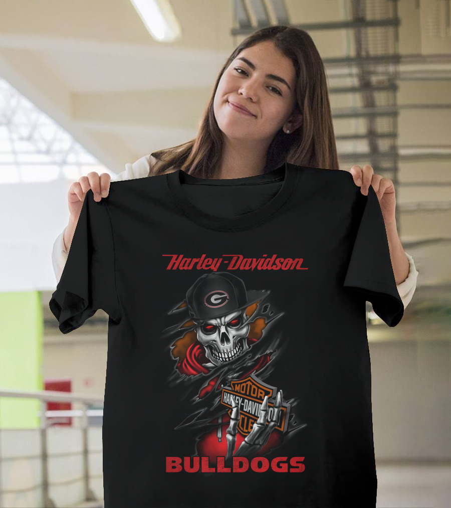 Harley Davidson Georgia Bulldogs Skull With Cap T-Shirt