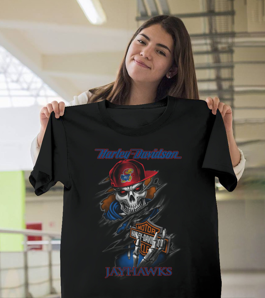Harley Davidson Kansas Jayhawks Skeleton With Motor Harley Davidson Cycle T-Shirt