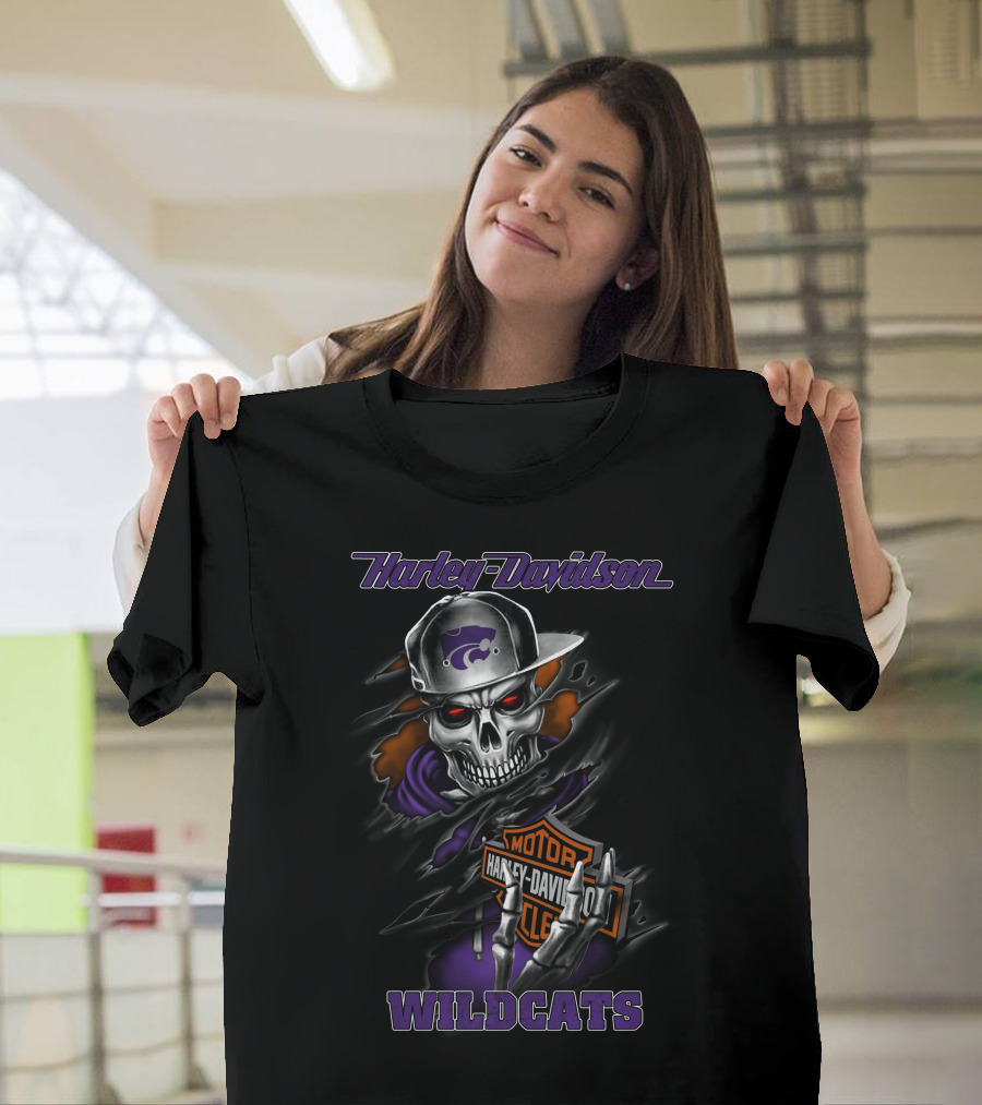 Harley Davidson Wildcats Kansas State Skull Theme T-Shirt