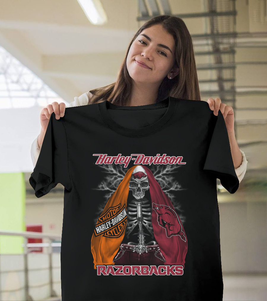 Harley Davidson Razorbacks Motorcycle Skeleton Lightning T-Shirt