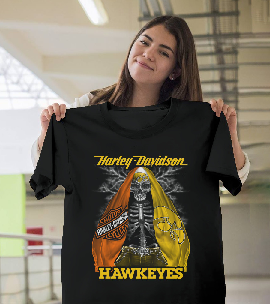 Harley Davidson Iowa Hawkeyes Skull Skeleton With Orange Yellow Flags And Hawkeyes T-Shirt
