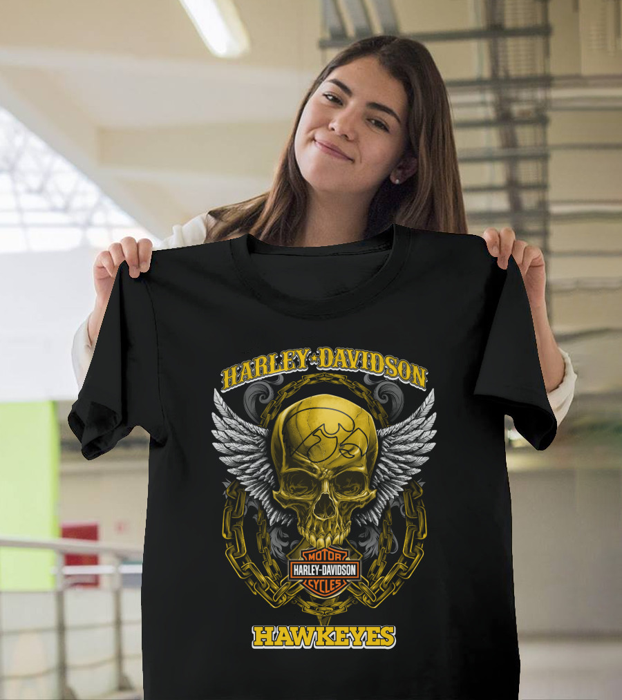 Harley Davidson Motor Cycles Hawkeyes Skull Wings T-Shirt