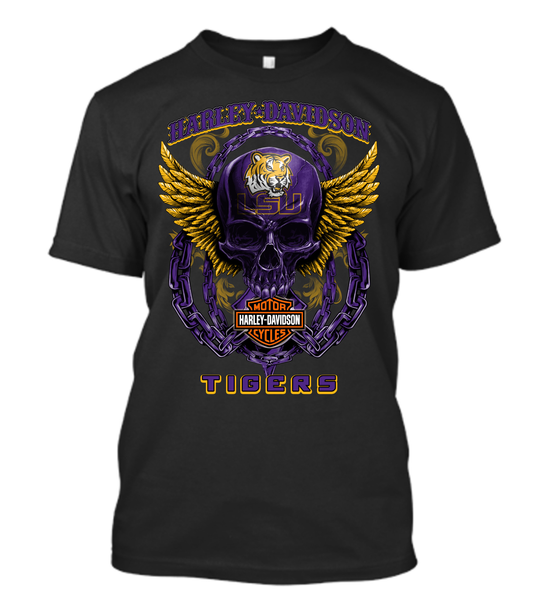 Harley Davidson Motor Cycles Lsu Tigers Skull And Wings T-Shirt