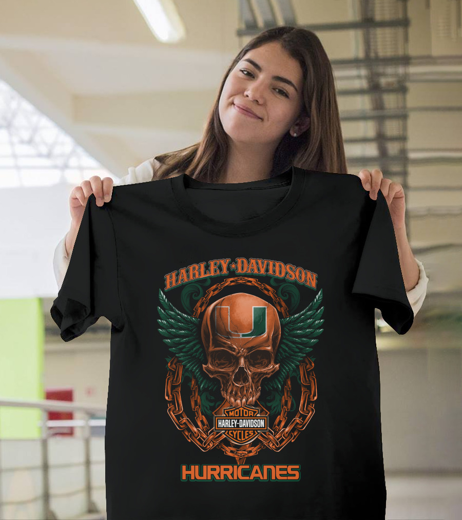 Harley Davidson Miami Hurricanes Skull Wing Motor Cycles T-Shirt