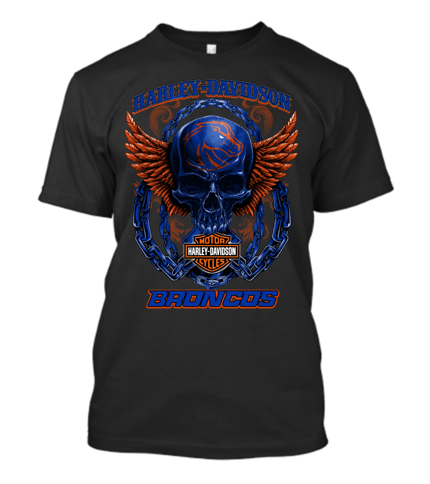 Harley Davidson Motor Cycles Boise State Broncos Skull Wings Chains T-Shirt