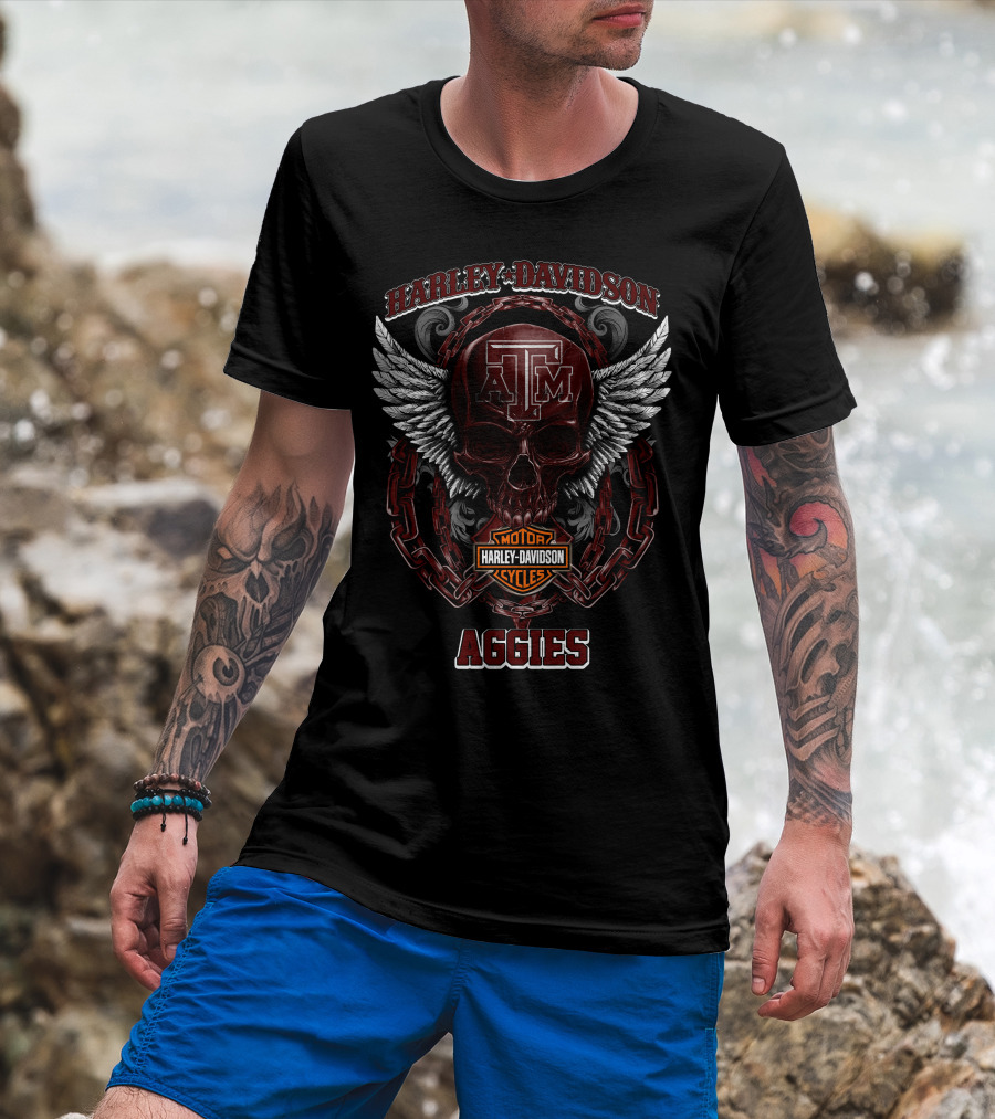 Harley Davidson Texas A&M Aggies Motorcycles Logo With Skull And Wings T-Shirt