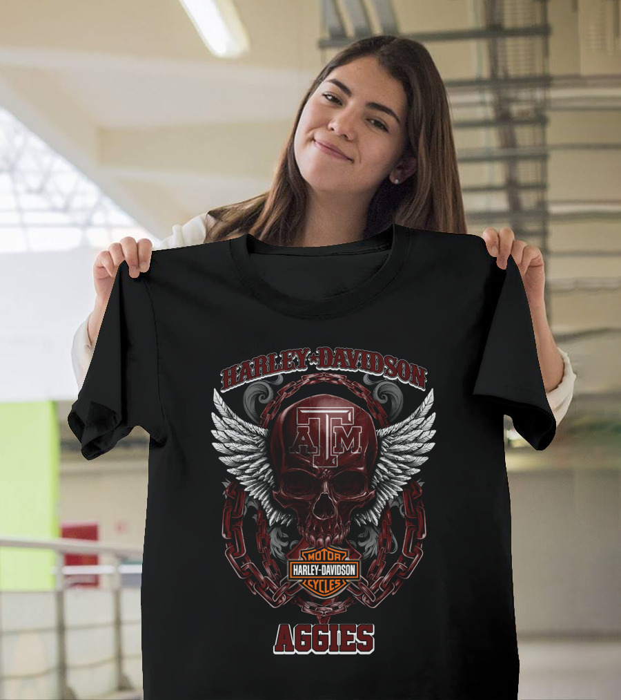 Harley Davidson Texas A&M Aggies Motorcycles Logo With Skull And Wings T-Shirt