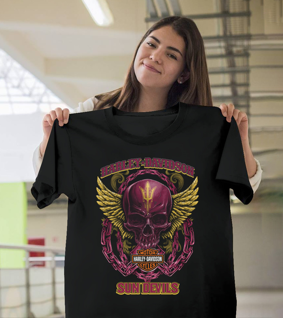 Harley Davidson Arizona State Sun Devils Motorcycles Skull With Wings T-Shirt