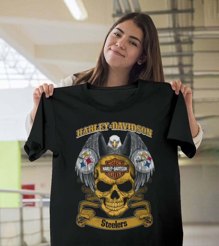 Harley Davidson Motor Cycles Pittsburgh Steelers Eagle Skull T-Shirt