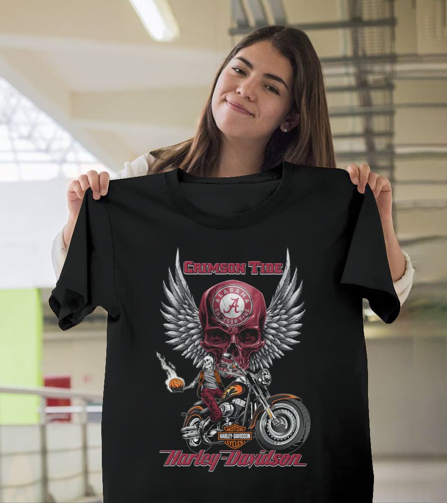 Crimson Tide Alabama Harley Davidson Motorcycles Ncaa Skull Wings T-Shirt