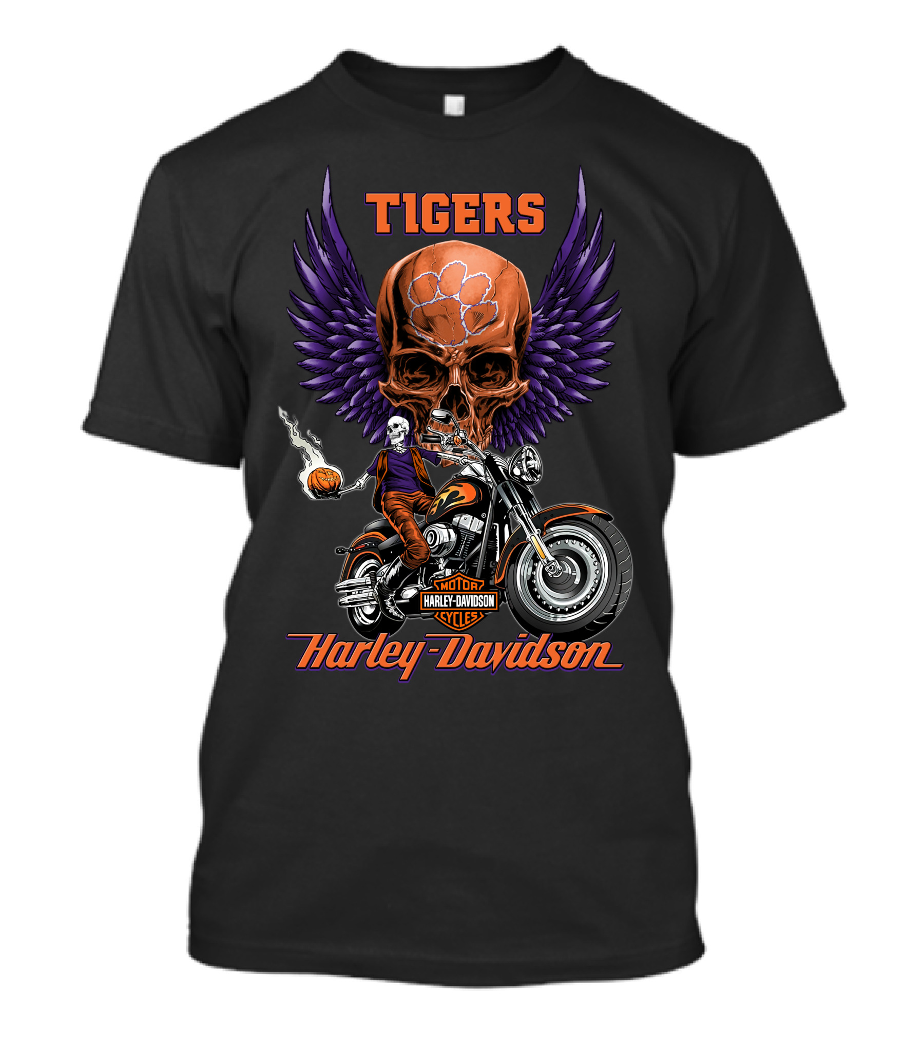 Tigers Harley Davidson Purple Wings Skull Motorcycle Basketball T-Shirt