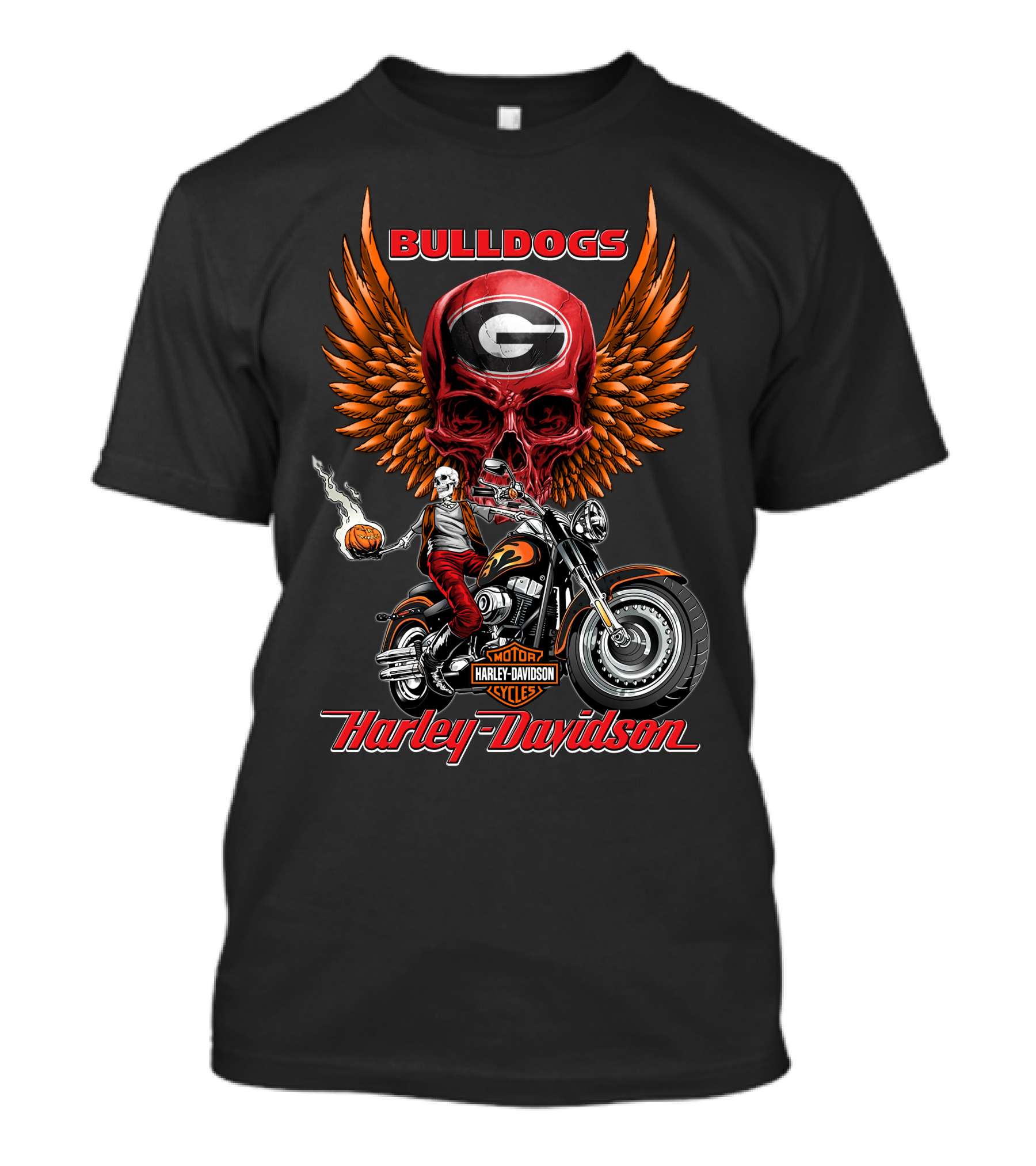 Bulldogs Harley Davidson Georgia Motorcycle Skull Wings T-Shirt