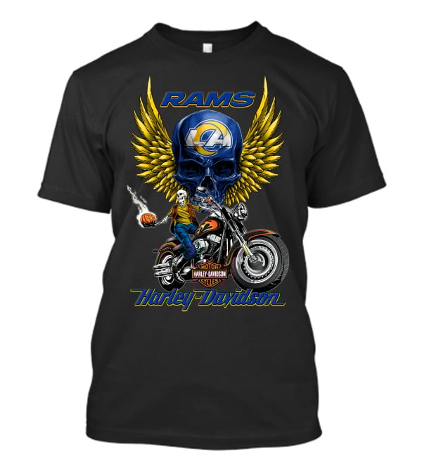 Harley Davidson Rams Skull With Los Angeles Nfl Motorcycle And Flaming Ball T-Shirt
