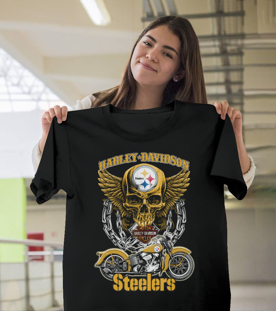 Pittsburgh Steelers Harley Davidson Winged Skull Motorcycle Nfl Hd18 T-Shirt