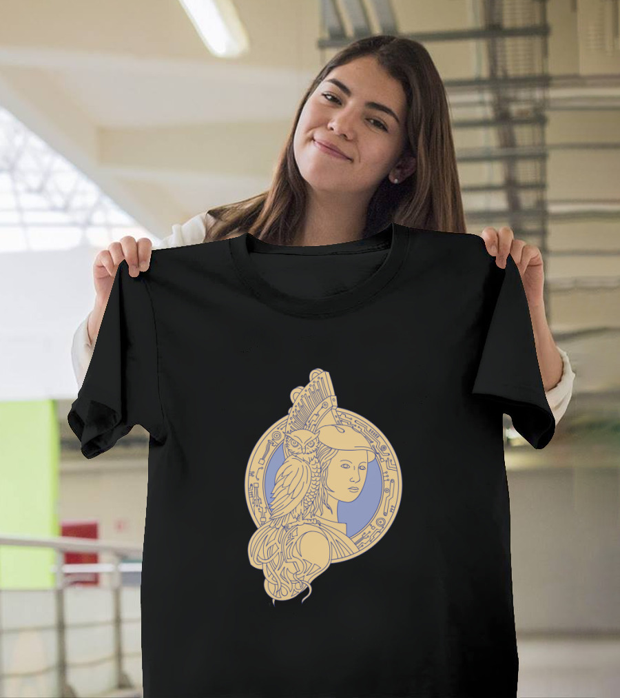 Athena with Owl on Shoulder Circuit Circle Mono Line Greek Goddess Symbolic T-Shirt