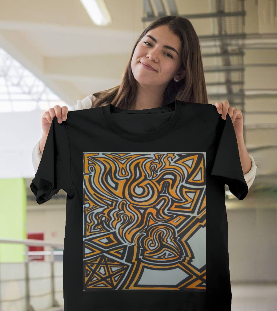 Dark Dancer III Walpurgisnacht Geometric Pentagram Motif in Energetic Orange and Black Abstract Maze T-Shirt