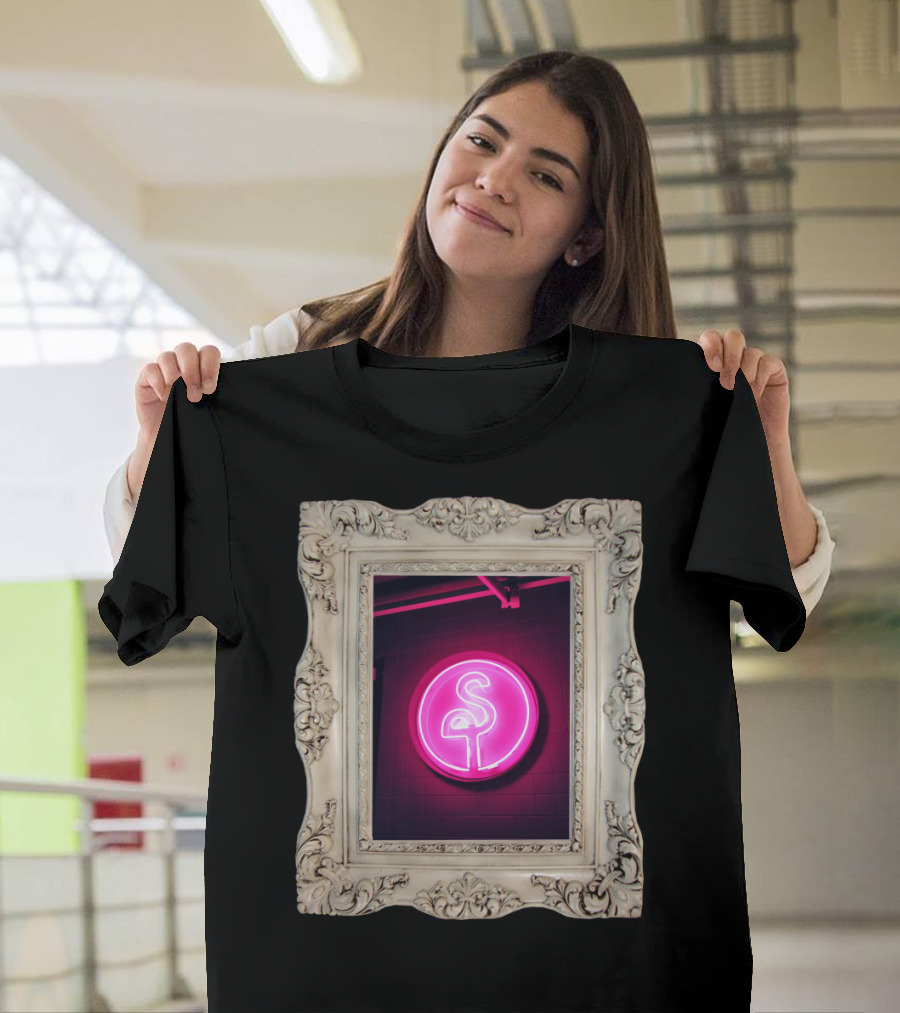 Neon Flamingo Wall Art in Ornate Vintage Frame T-Shirt