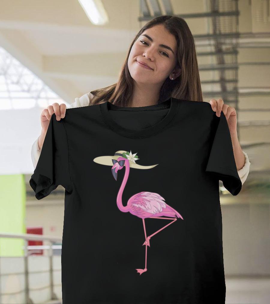 Flamingo Chick with Sun Hat and Sunglasses on One Leg T-Shirt