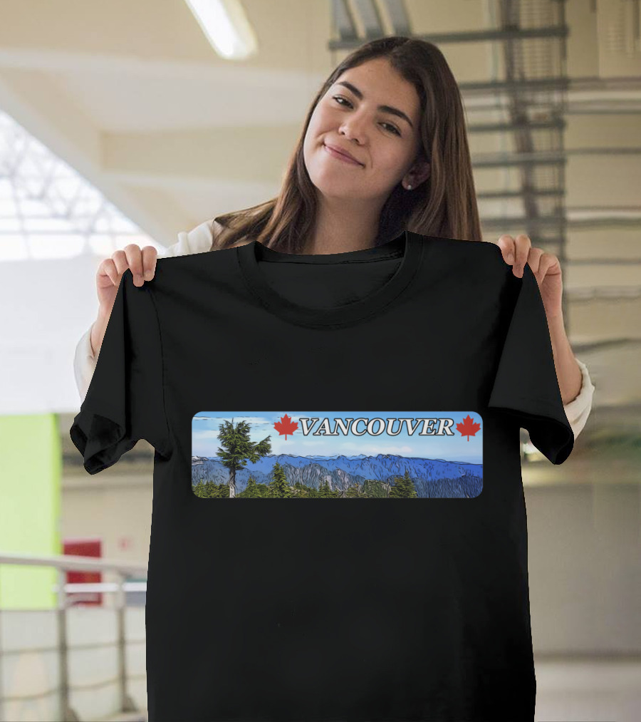 Vancouver Mountains Scenic Landscape with Canadian Maple Leaf Symbols T-Shirt