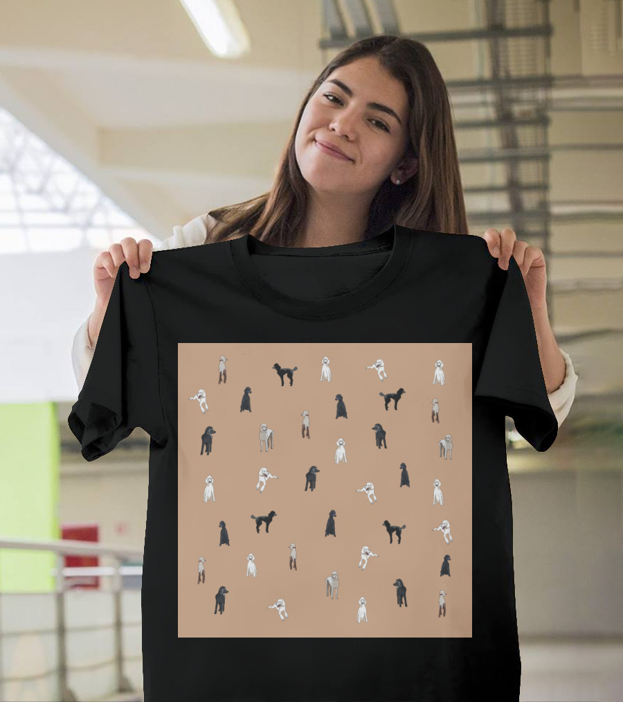 Oodles of Poodles Black and White Pattern on Tan Background T-Shirt