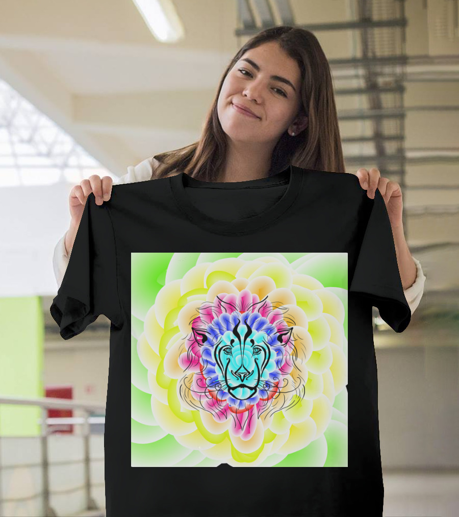 Lion Face in Vibrant Petals Floral Fusion T-Shirt