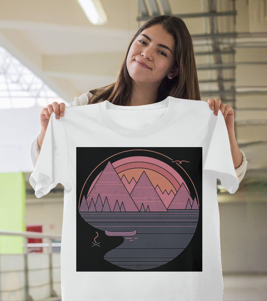 Geometric Mountain Sunset with Canoe and Campfire Scene T-Shirt