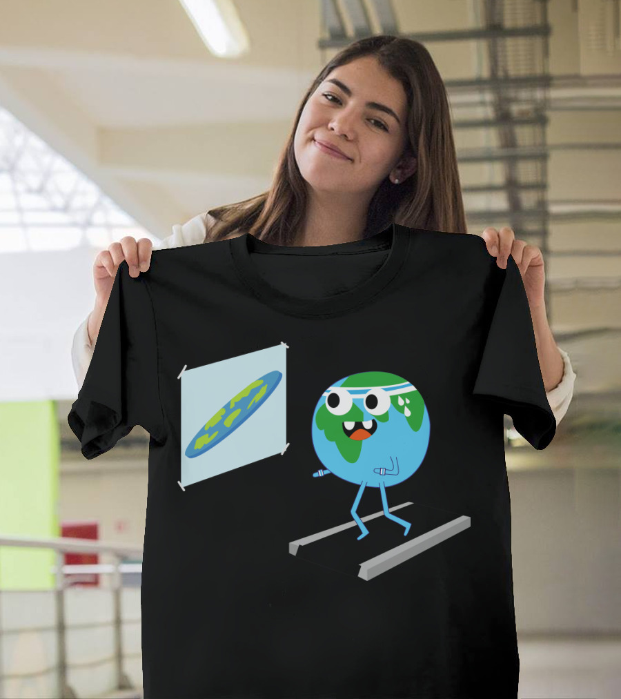 Cartoon Earth Exercising with Flat Earth Projection Concept T-Shirt