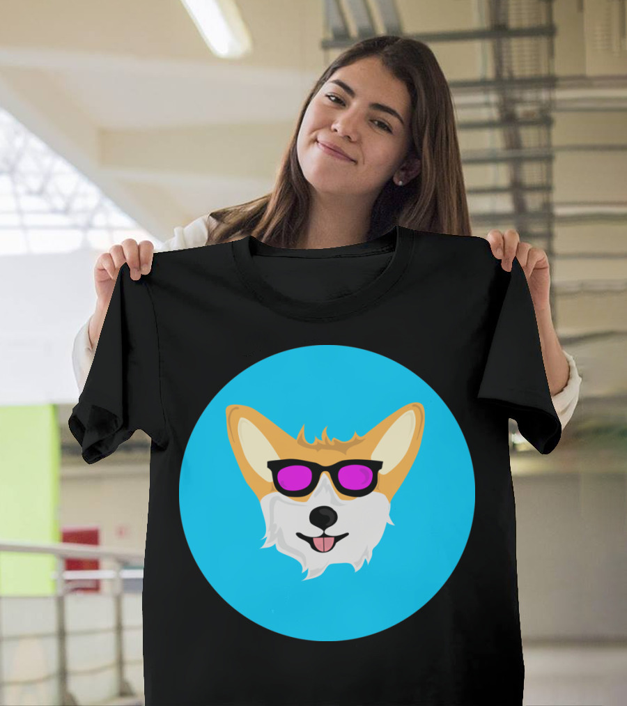 Cool Sunglasses Corgi on Blue Circle Background T-Shirt