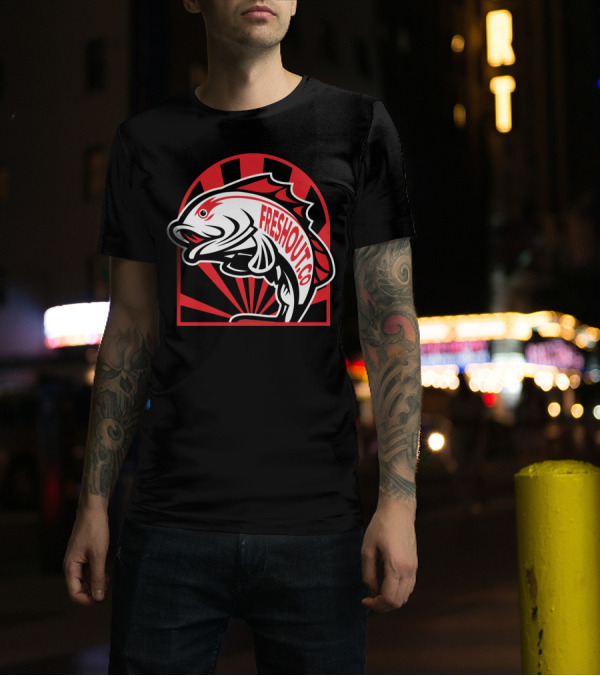 Freshout.co Bold Red Fish Graphic With Radiating Sunburst T-Shirt