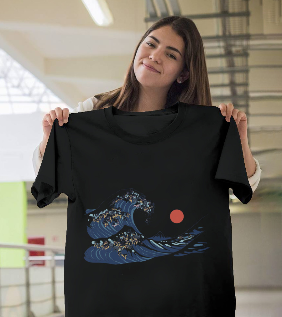 Great Wave of French Bulldogs Under Red Sun T-Shirt