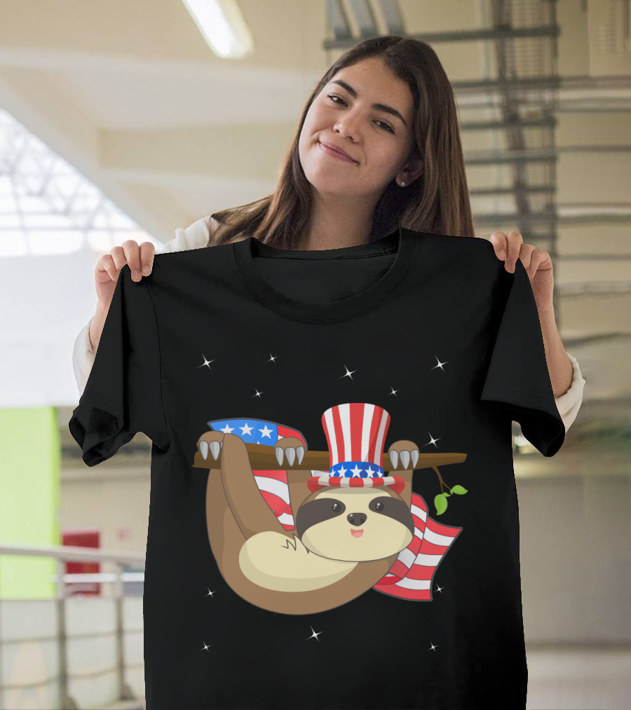 Patriot Climbing Sloth with American Flag and Uncle Sam Hat for Funny Independence Day T-Shirt