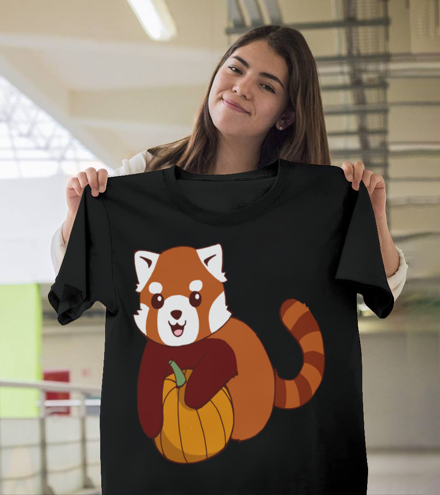 Pumpkin Hugging Red Panda Cute Cartoon Character T-Shirt