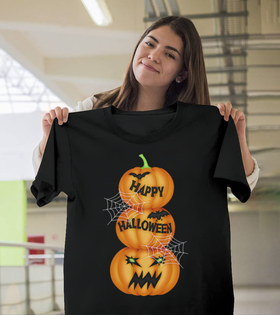 Halloween Pumpkin Pyramid with Happy Halloween Message Bats and Spider Webs T-Shirt