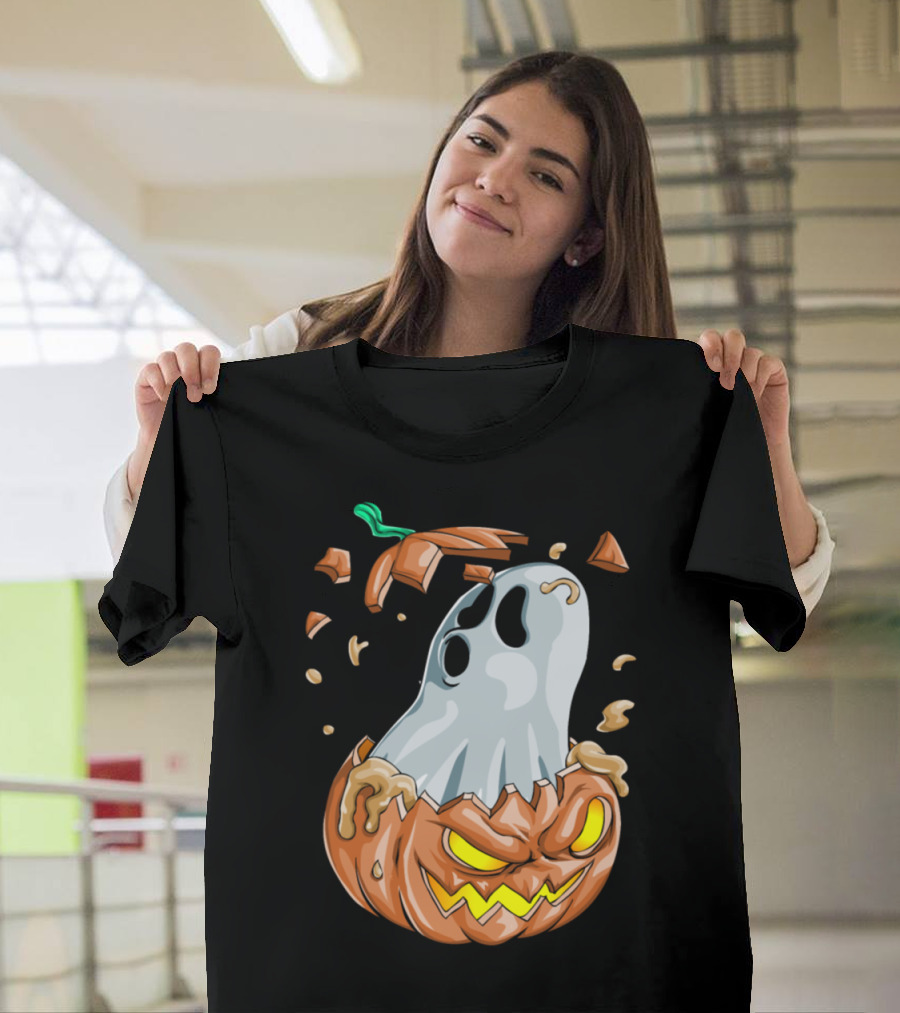Halloween Ghost Emerging From Broken Pumpkin T-Shirt