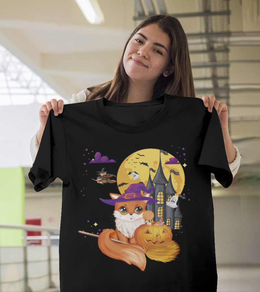 Whimsical Fox Witch Mama Mom Broom Pumpkin with Haunted Castle and Candy T-Shirt