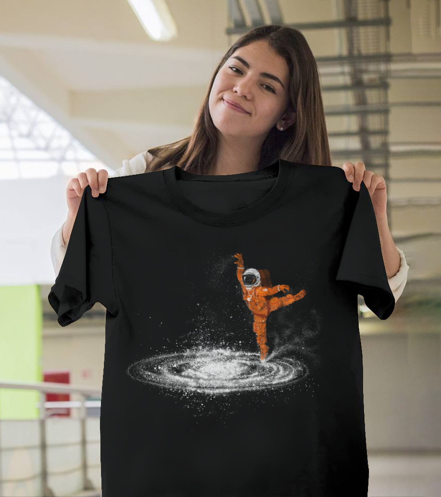 Astronaut Performing Ballet Pirouette in Cosmic Galaxy Swirl T-Shirt