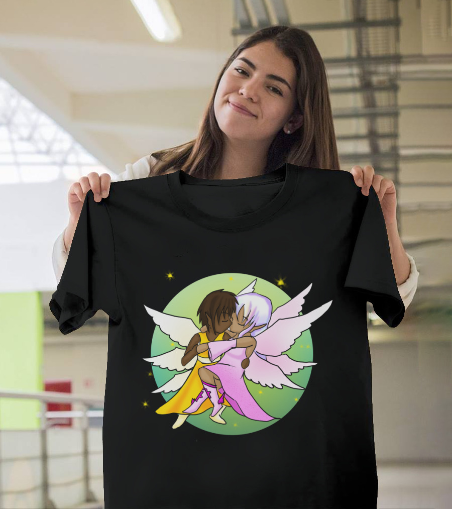 Graceful Embrace of Winged Companions in Starry Harmony T-Shirt