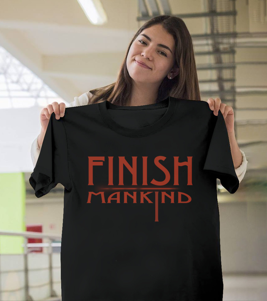 Finish Mankind Sci-Fi Themed Bold Red Gothic Typography T-Shirt