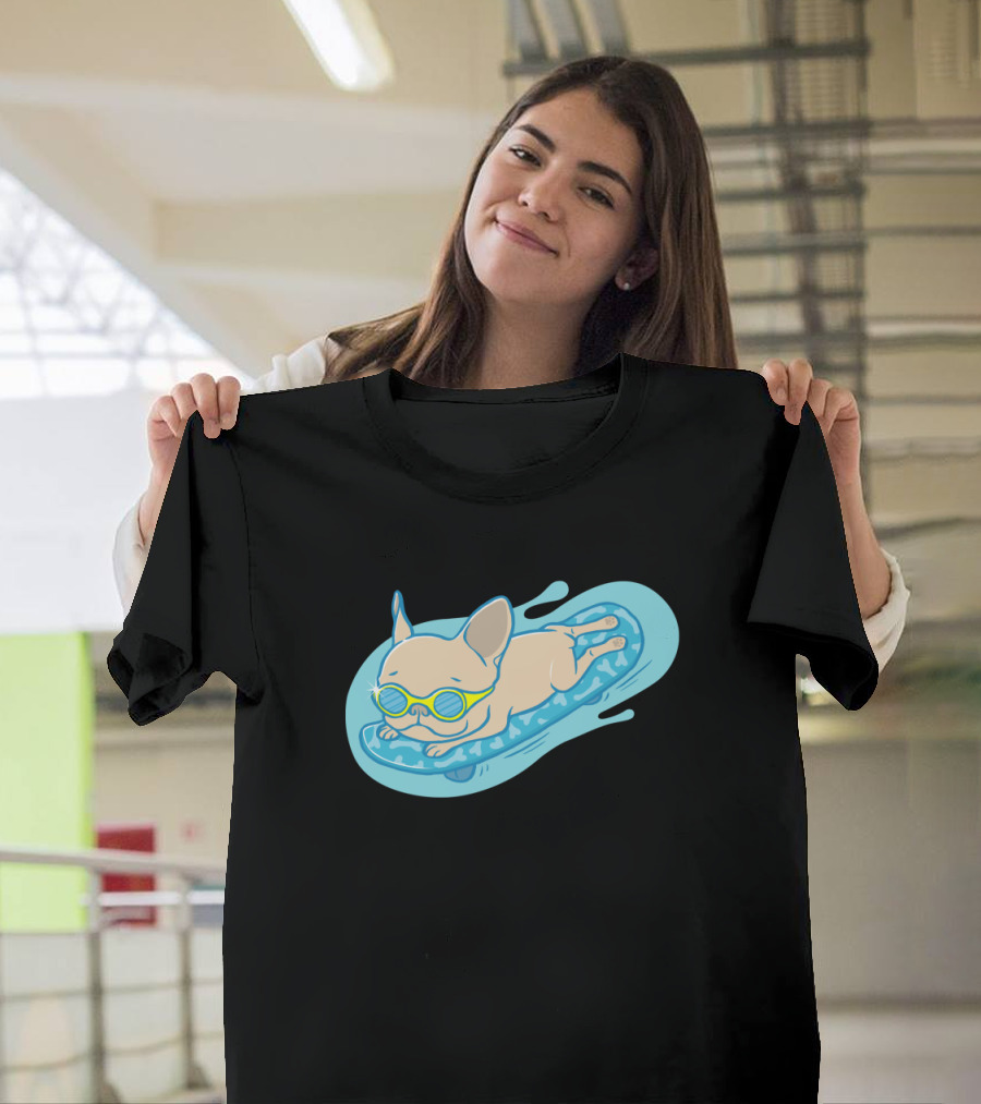 Frenchie Sliding on Pool Float with Sunglasses Relaxing T-Shirt