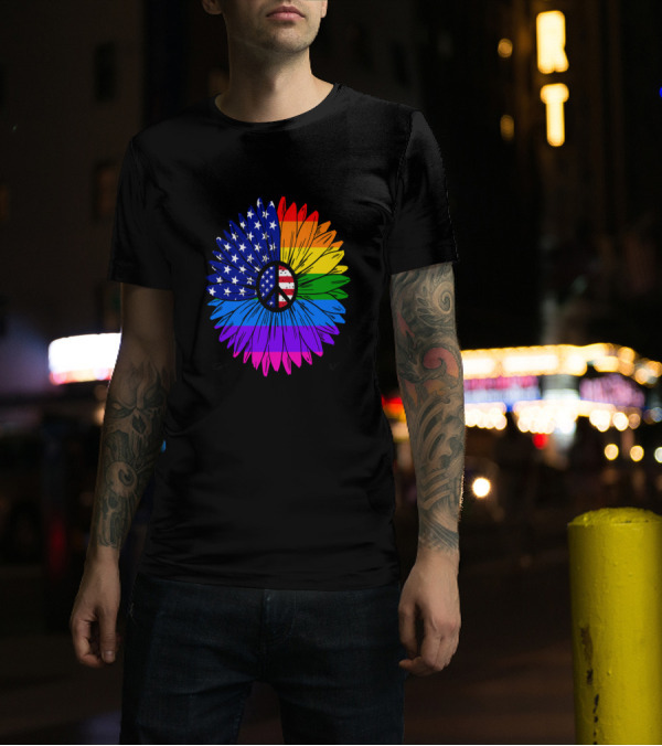 Be Careful Whom You Hate Flower With Peace Sign American Flag And Rainbow Colors T-Shirt