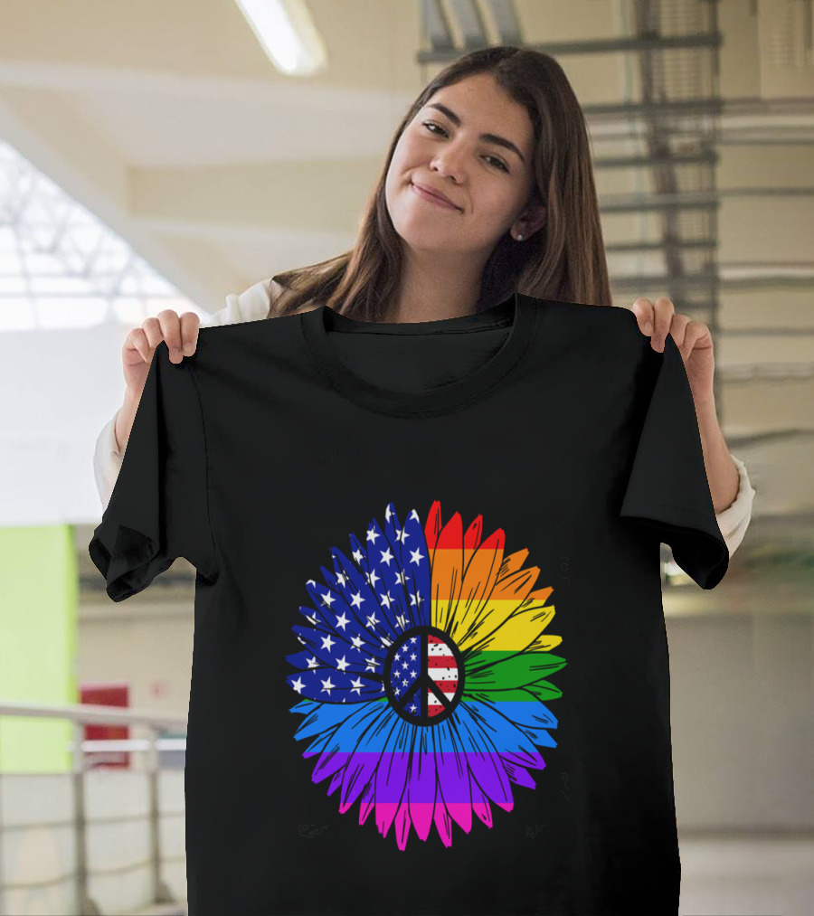 Be Careful Whom You Hate Flower with Peace Sign American Flag and Rainbow Colors T-Shirt