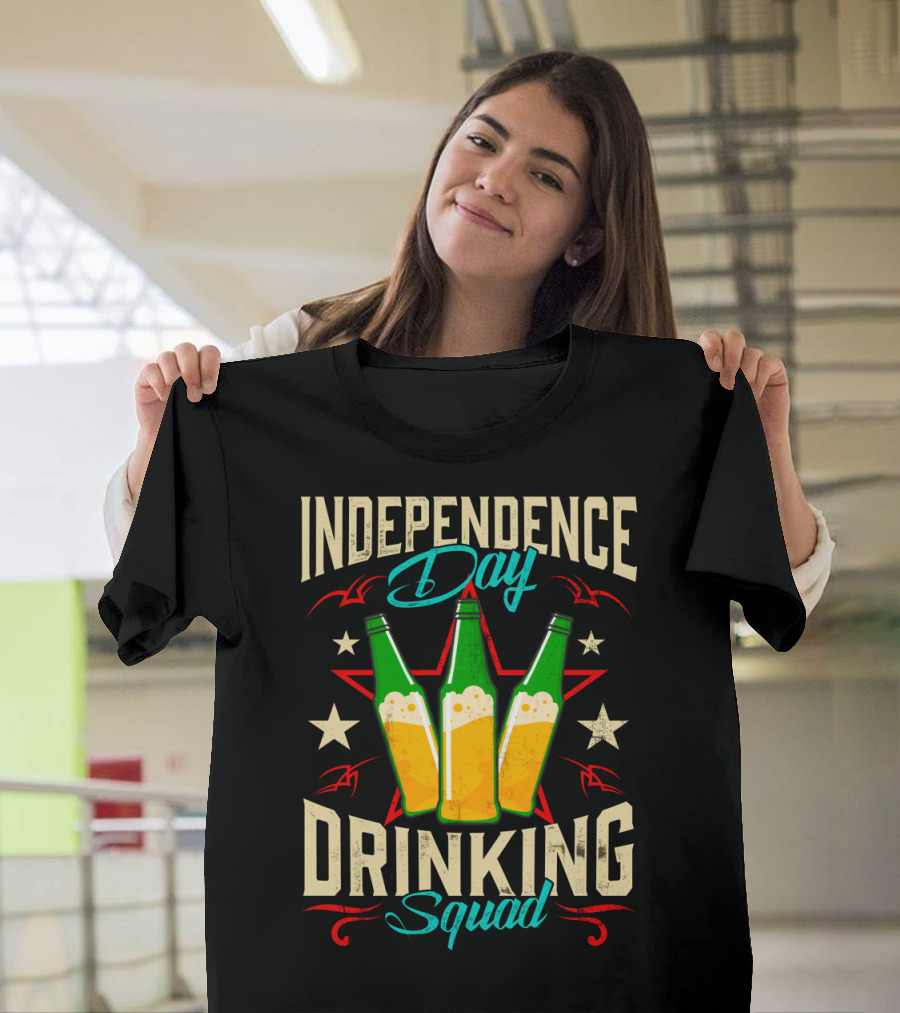 Independence Day Drinking Squad Beer Bottles Stars Red White Blue T-Shirt