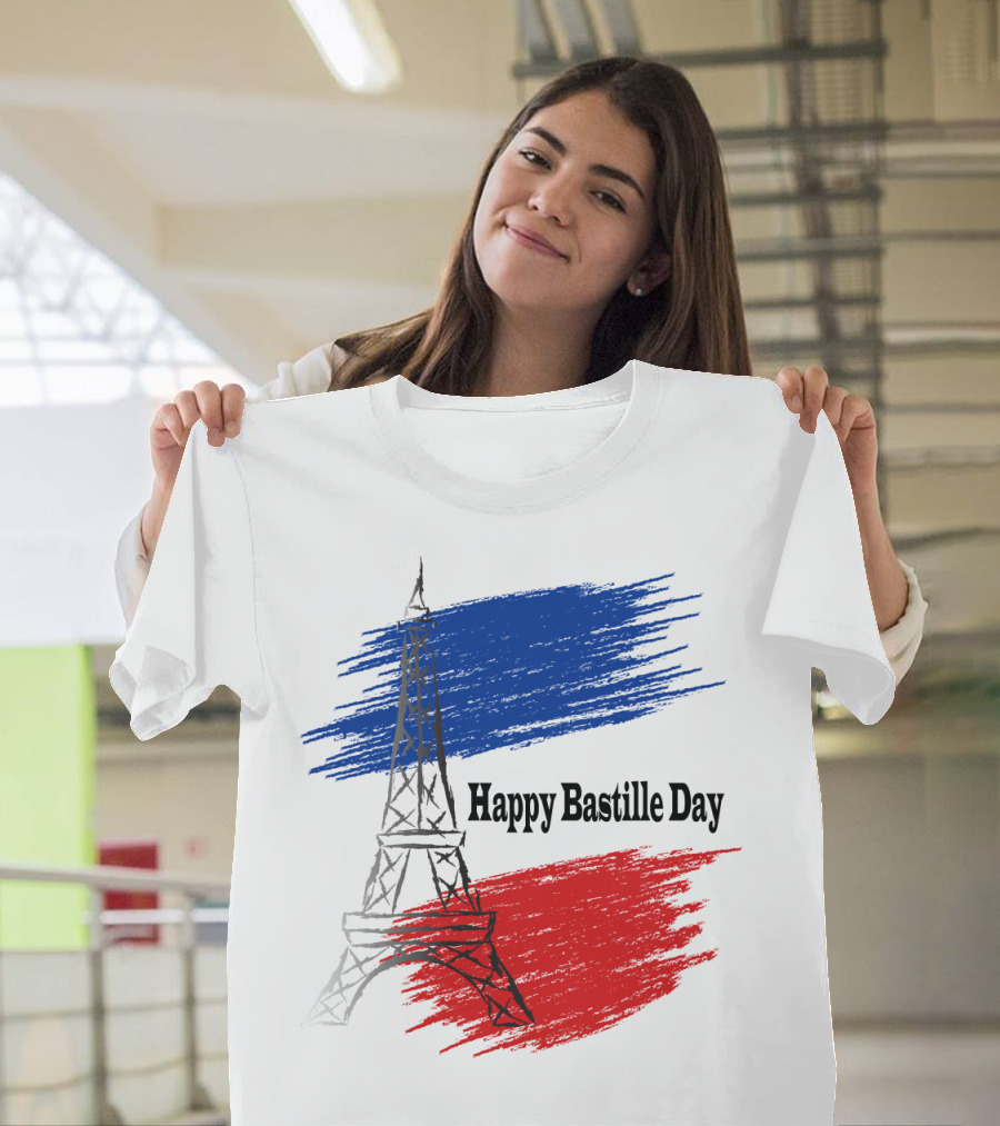 Eiffel Tower with French Flag Colors Textured Design for Happy Bastille Day T-Shirt